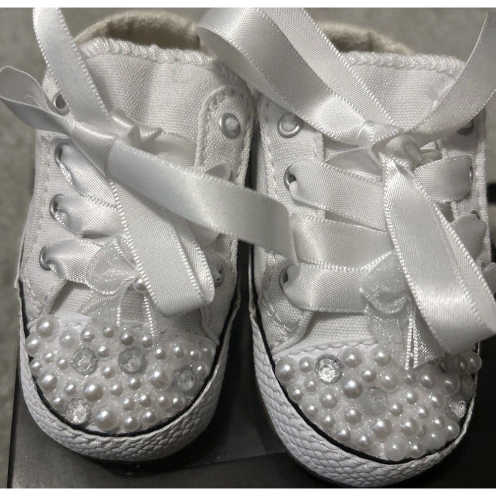 Converse Cribster Mid Size 2 Crib Custom Pearl Rhinestone Baby White Shoes